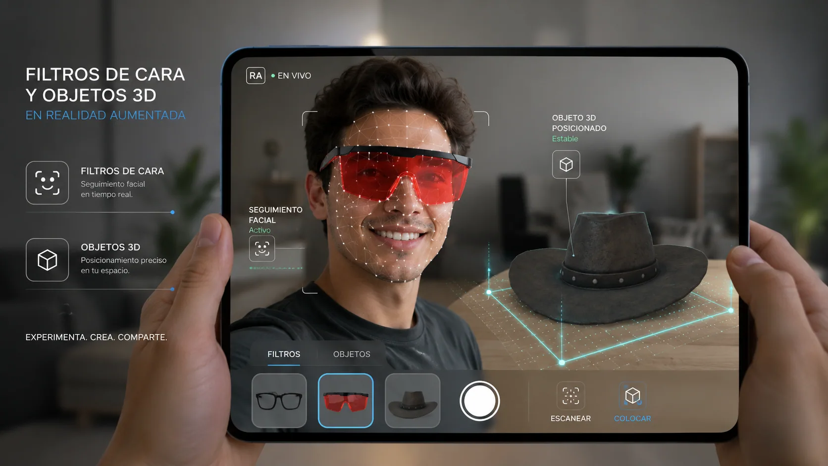 Face-tracked AR filter reacting to a visitor in real time