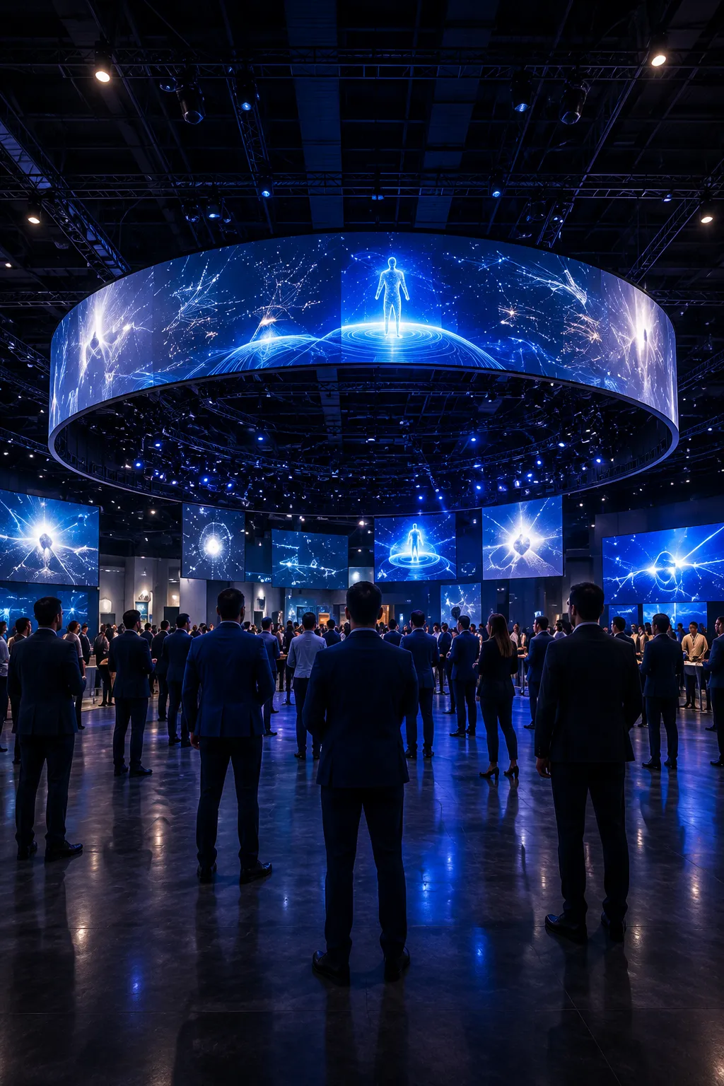 Circular LED installation above a black-tie corporate event crowd